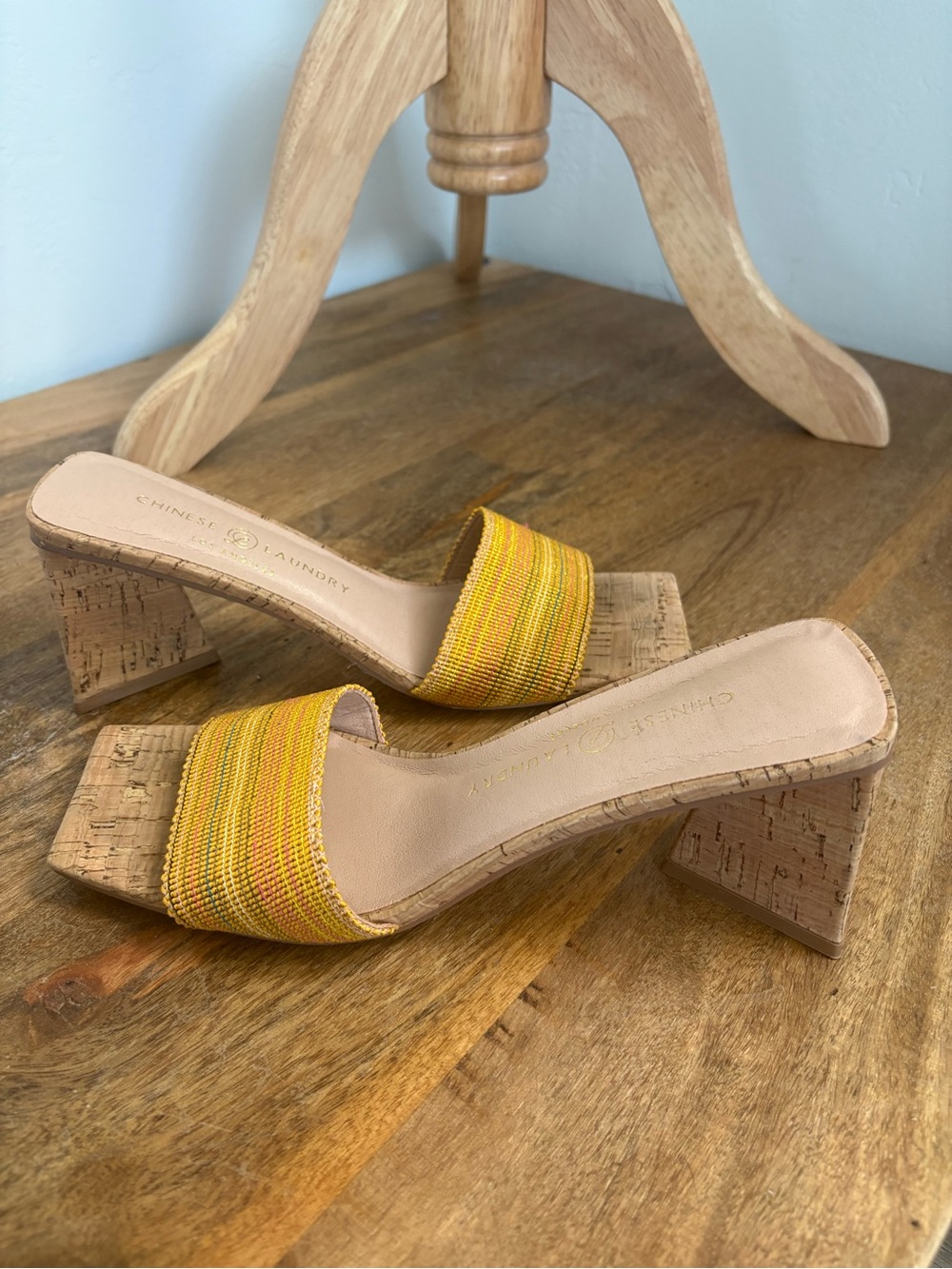 Chinese Laundry Yellow Woven Cork Block Heel Mules